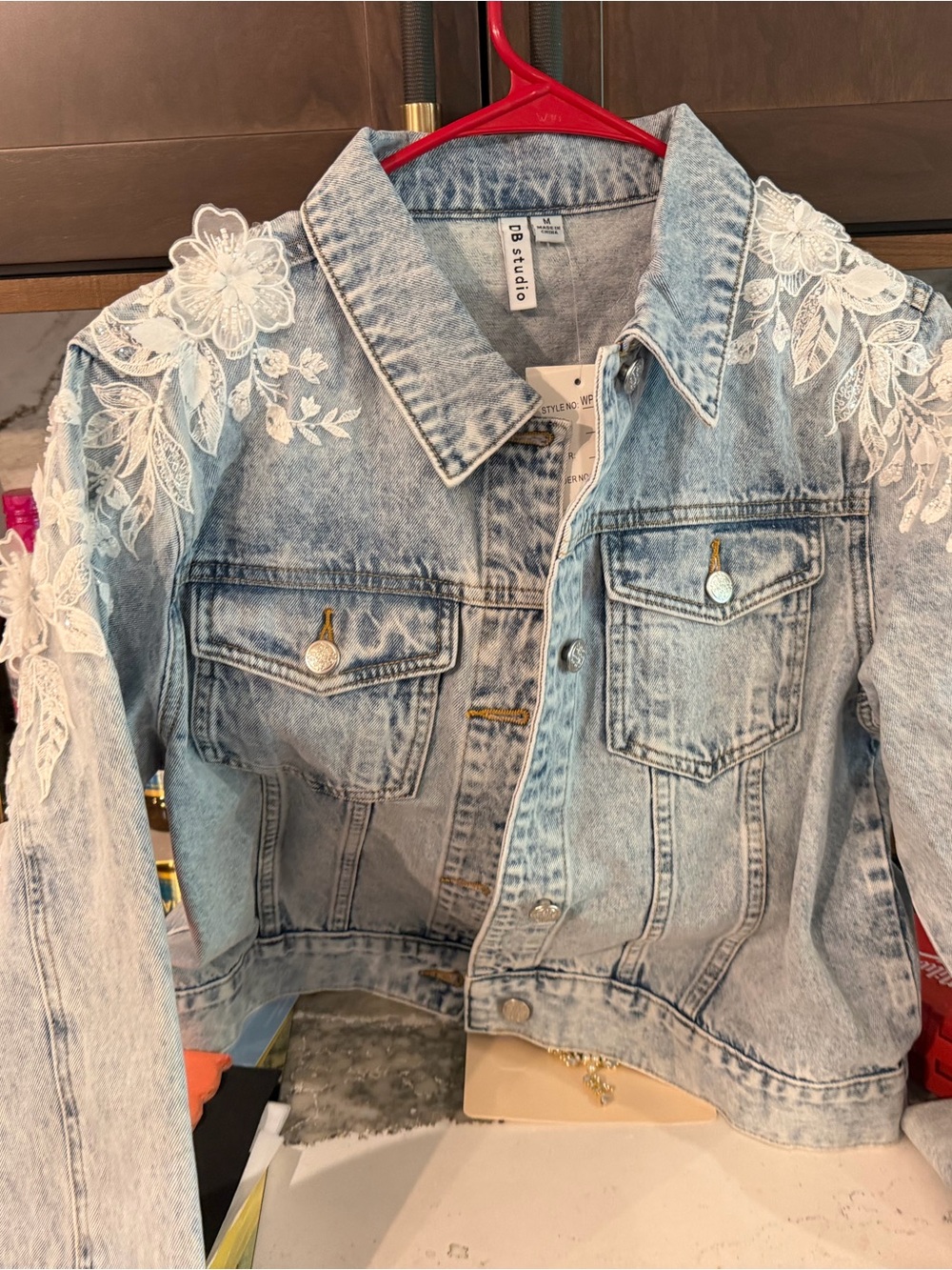 Bride Light Wash Denim Jacket with White Lace Appliqué